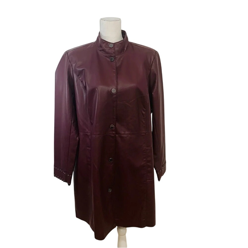 Dennis Brasso Faux Leather Coat Woman Large Maroon Snaps Stud Detail Trench